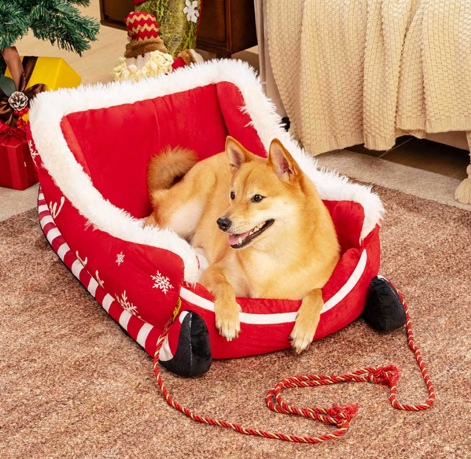Festive Plush Cozy Dog Bed – Christmas Sleigh Pet Bed with Soft Velvet