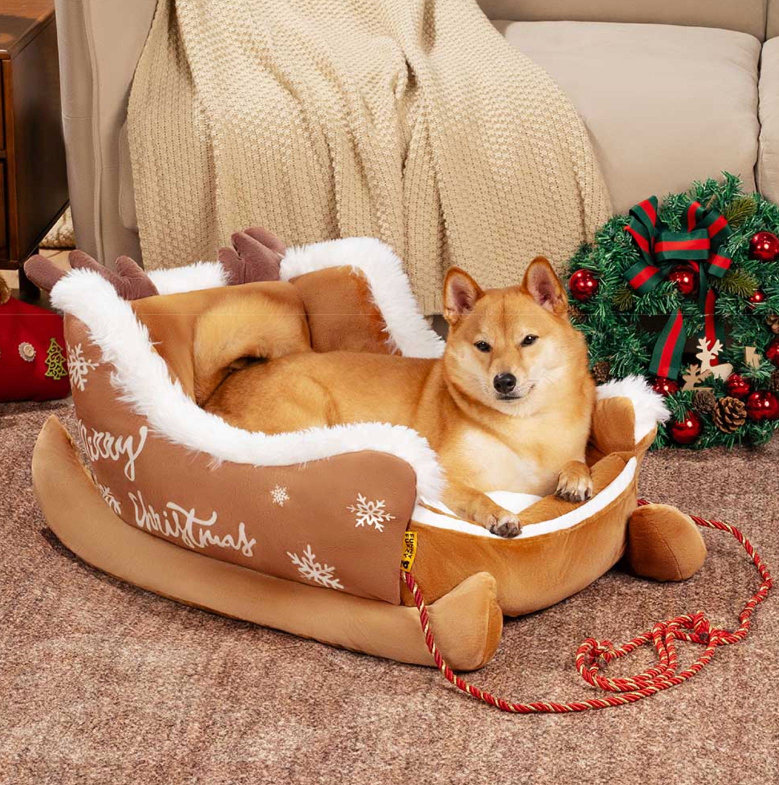 Festive Plush Cozy Dog Bed – Christmas Sleigh Pet Bed with Soft Velvet